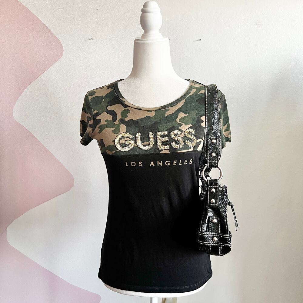 Vintage‎ Y2K Guess Sequin Camo Top, 2000s Glam Clubwear Grunge McBling Medium
